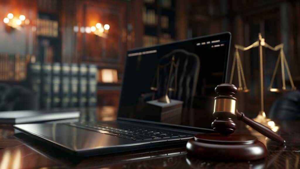 Virtual Court Concept, Depicting An Online Court Hearing With A Judge, Lawyers, And Participants Connecting Remotely Through Video Conferencing